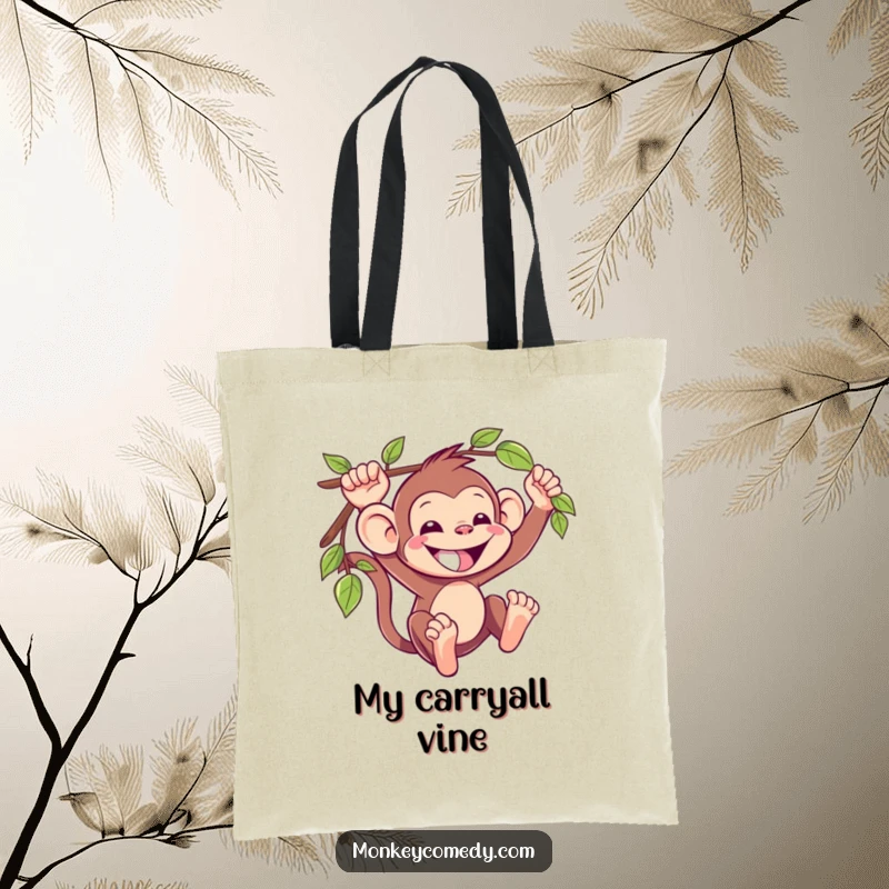 Funny Kawaii Monkey Tote Bag: A cheerful, grinning monkey swings from a vine, making this bag a portable piece of jungle humor.