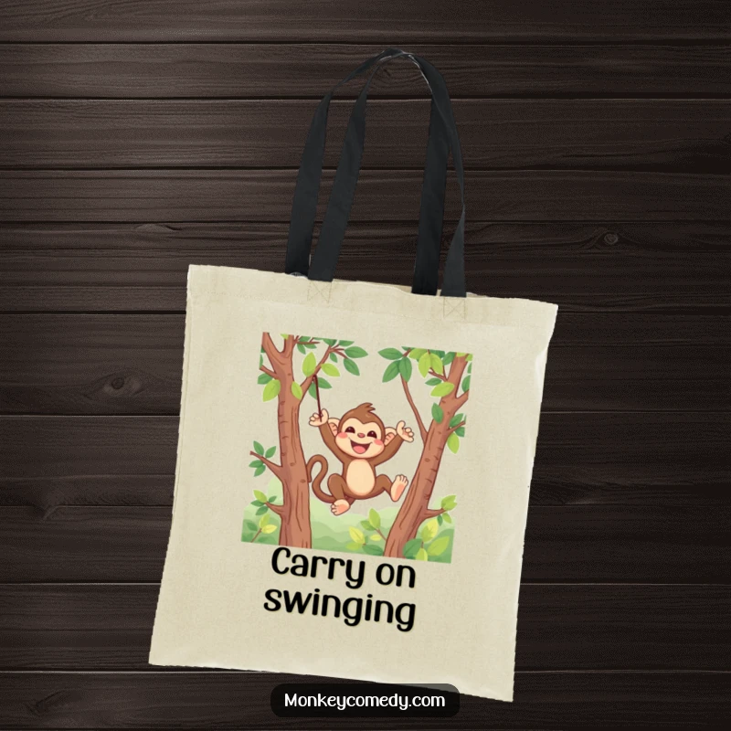 Funny Kawaii Monkey Tote Bag: A practical tote showcasing a cute monkey swinging happily through tree branches.