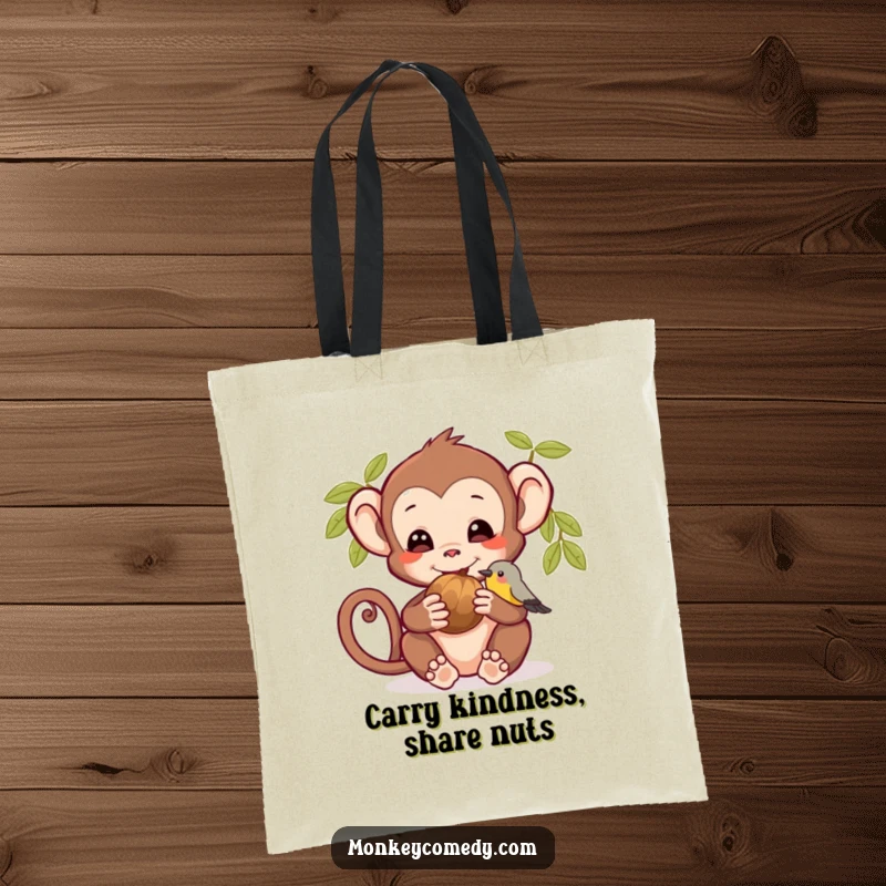 Funny tote bag showing a monkey and bird sharing a nut, a cute representation of kindness and companionship.
