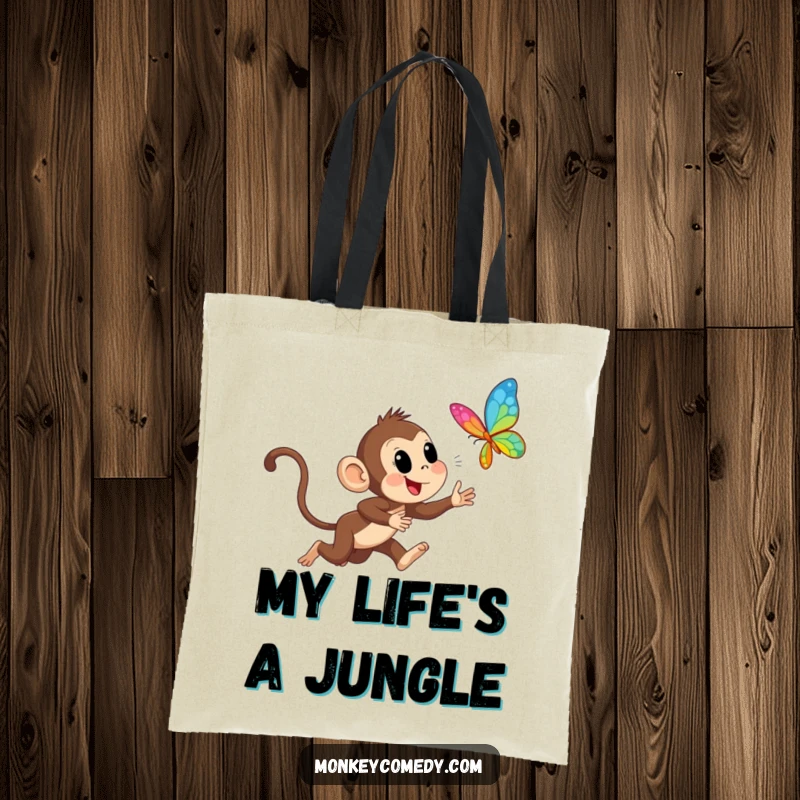 Funny Monkey Chasing Butterfly Tote Bag: A spirited monkey excitedly chases a fluttering butterfly, representing fun, adventure, and carrying your essentials.