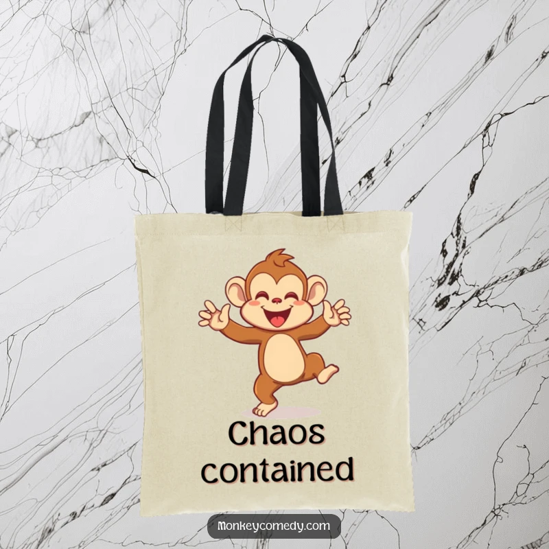 Funny tote bag featuring a monkey in a wild, ecstatic dance, arms waving energetically, ready to carry your goods with primate pizzazz.