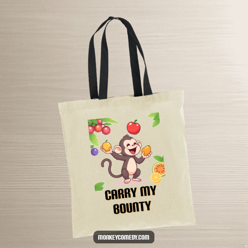 Funny tote bag featuring a monkey juggling three colorful fruits, representing skill, fun, and a vibrant lifestyle.