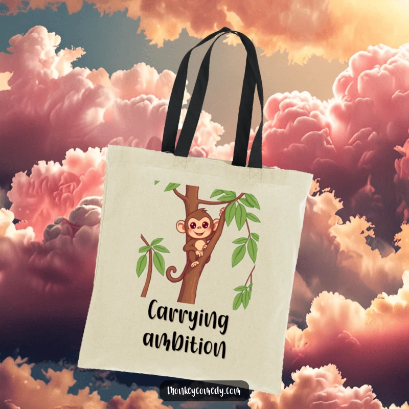 Funny Monkey Tote Bag showing a primate climbing a tall, thin tree with determination, symbolizing ambition.