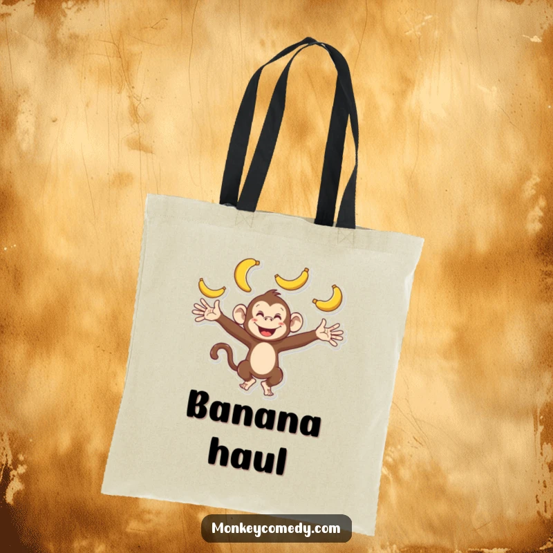 Funny monkey tote bag featuring a playful character with outstretched arms, enthusiastically juggling bananas, a humorous and practical accessory.