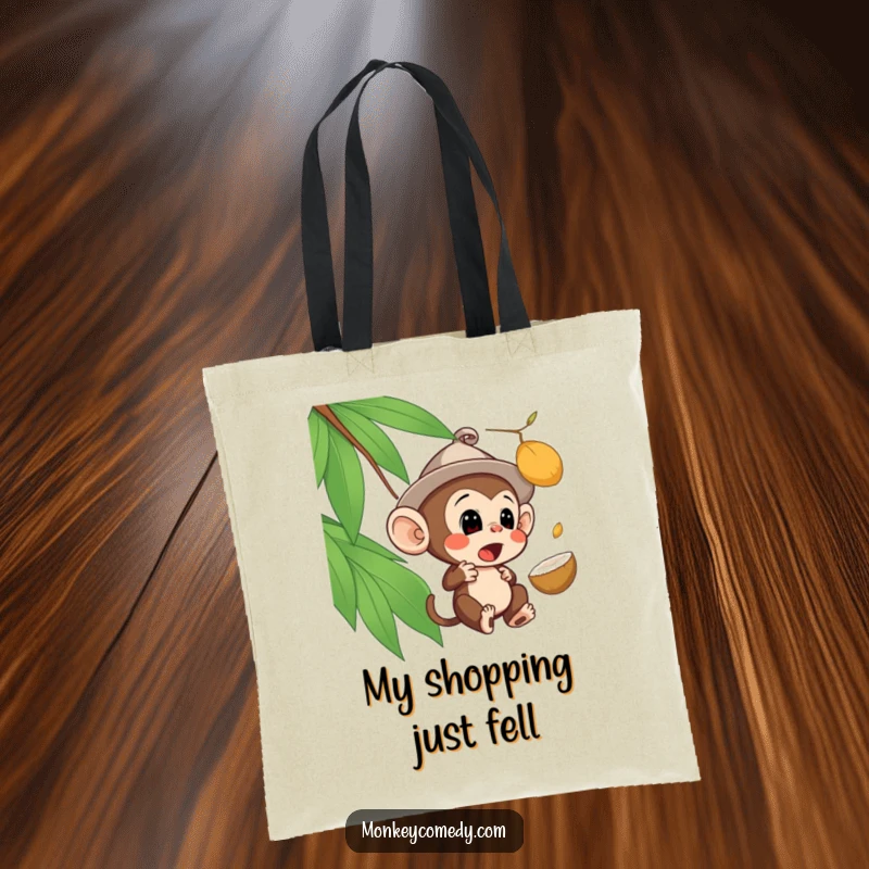 Funny surprised monkey tote bag with a monkey in a hat looking shocked by a falling coconut, symbolizing unexpected events.