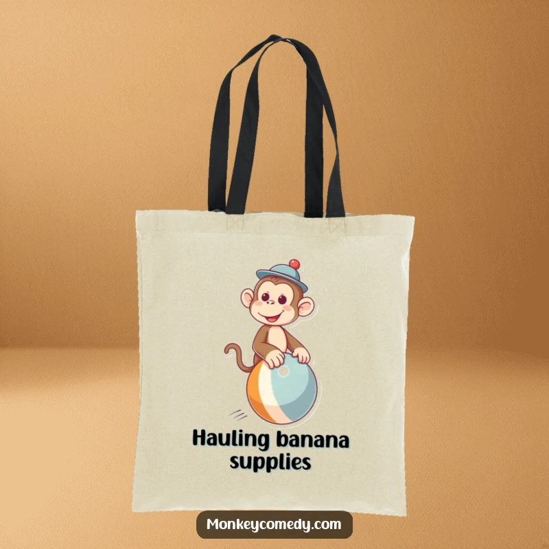 Funny tote bag featuring a playful monkey in a miniature hat skillfully navigating a bouncing ball, ideal for daily use.