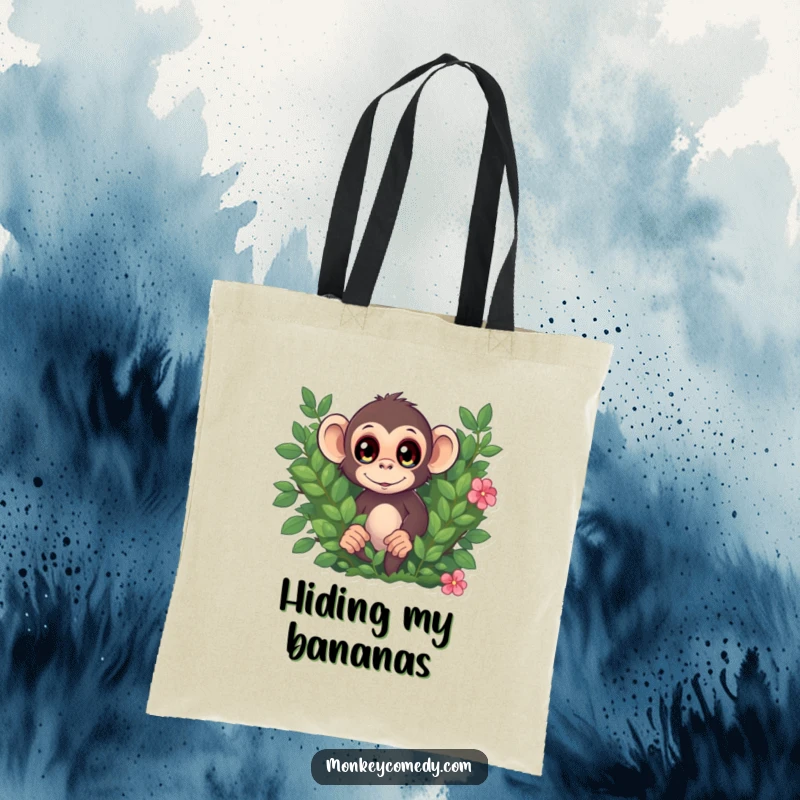 Funny tote bag with a curious monkey, eyes wide, peeking from behind a bush, perfect for carrying essentials playfully.
