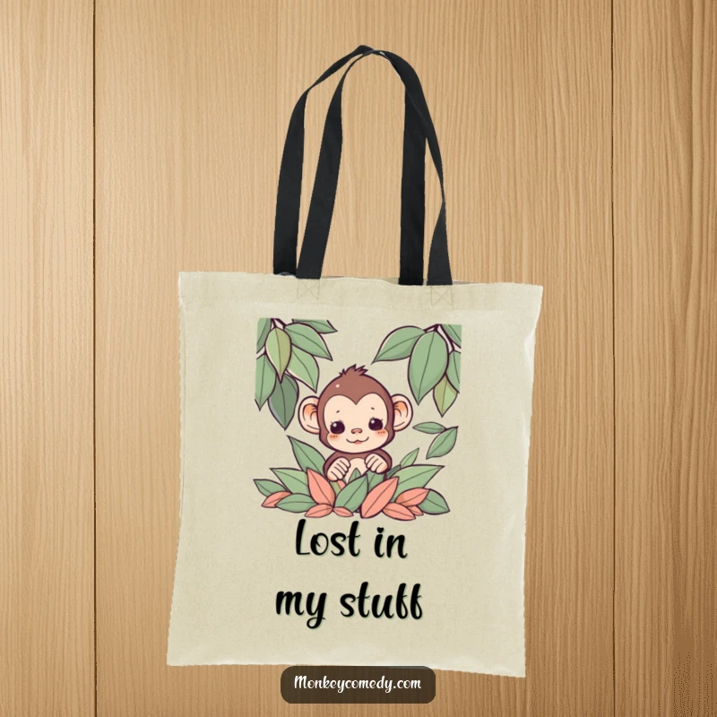 Funny Kawaii monkey peeking from behind a pile of leaves on a durable tote bag, cute accessory.