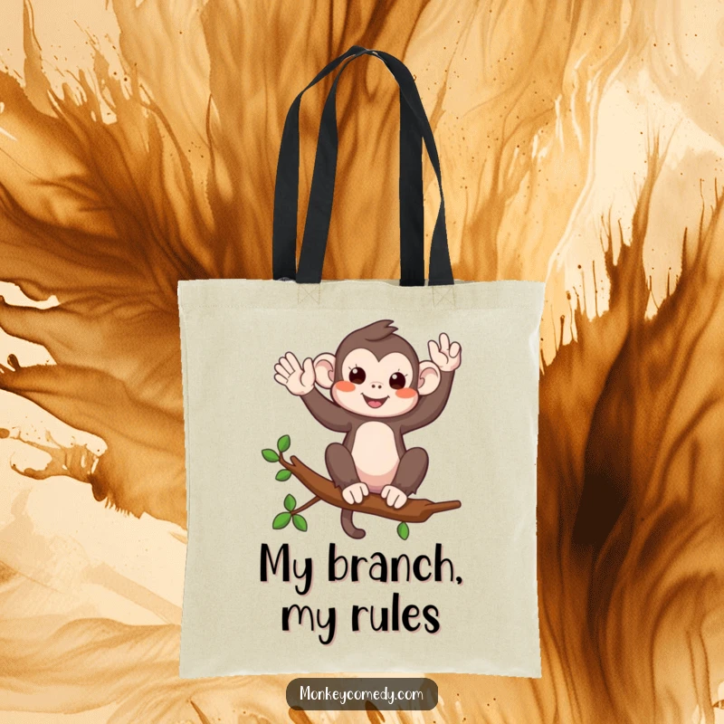 Funny tote bag with a monkey perched on a branch, waving playfully to convey friendliness and joy.