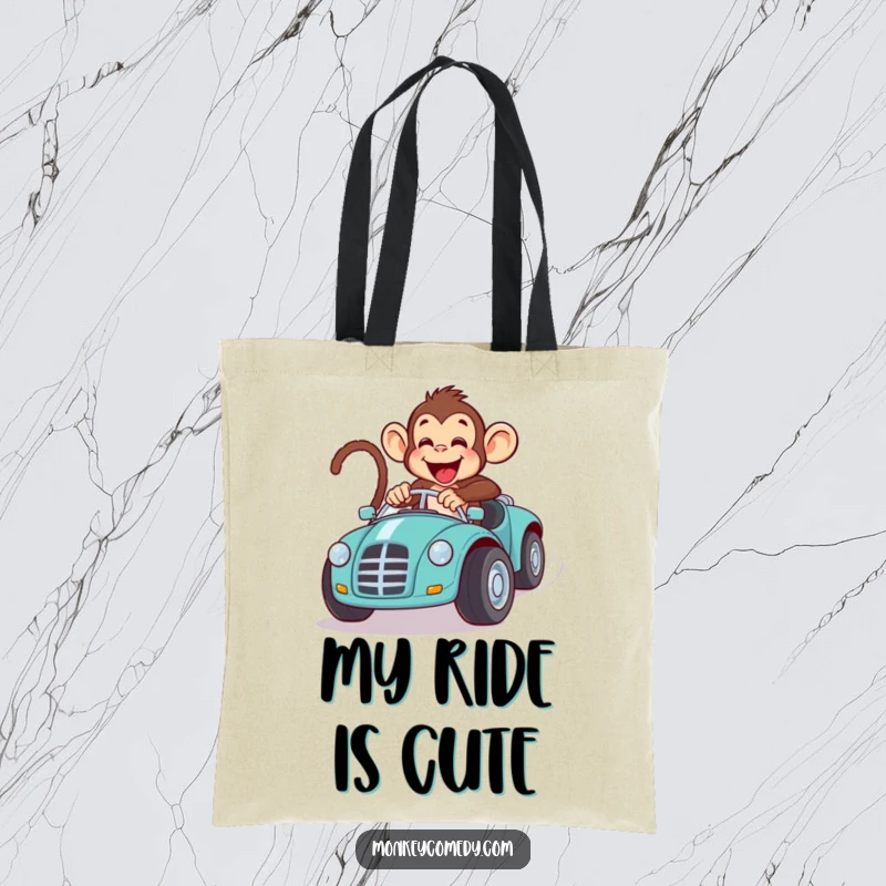 Funny monkey toy car race tote bag, a primate playfully driving a large toy car, perfect for functional and humorous use.