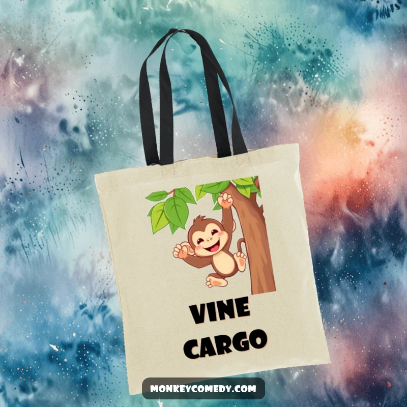 Funny monkey tote bag featuring a cute character with a wide, cheeky grin, joyfully swinging from a vine, a humorous and practical accessory.