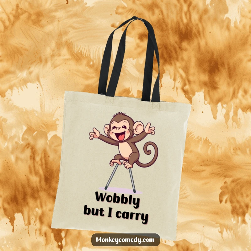 Funny monkey on stilts tote bag, a comical primate navigating stilts with exaggerated effort, making every carry a laugh.
